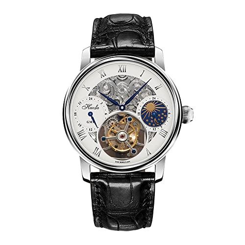 ＨＡＯＦＡ トゥールビヨン 腕時計メンズ 機械式 ムーンフェイズ GMT 本革ベルト 中空彫刻文字盤 紳士 ビジネス おしゃれ 防水 うで時計